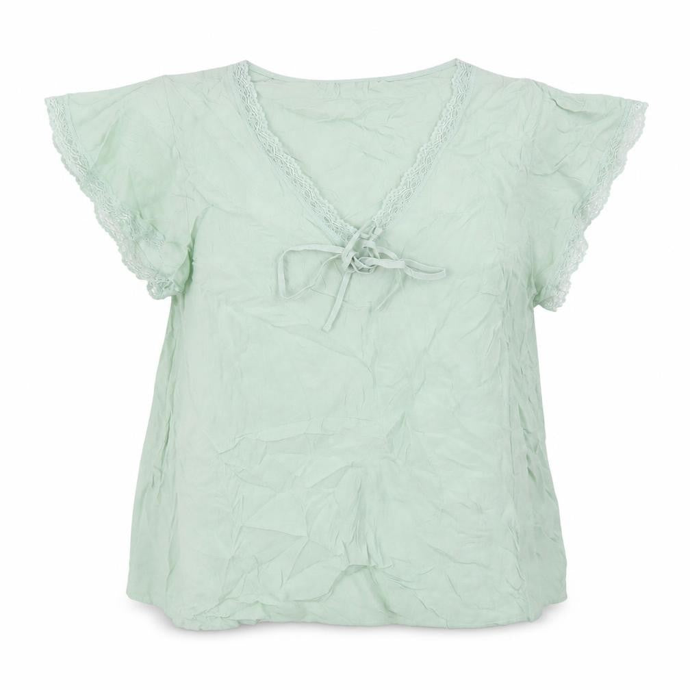 Front view of Marks & Spencer women’s green viscose basic blouse, size UK 16, v-neck