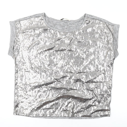 Oasis Womens Grey Polyester Basic T-Shirt Size L Round Neck - Sequins