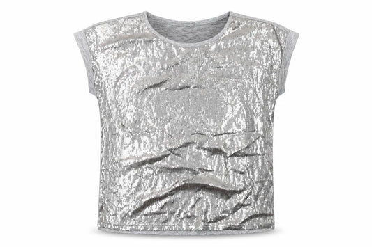 Front view of Oasis women’s grey polyester basic t-shirt, size L, round neck - sequins