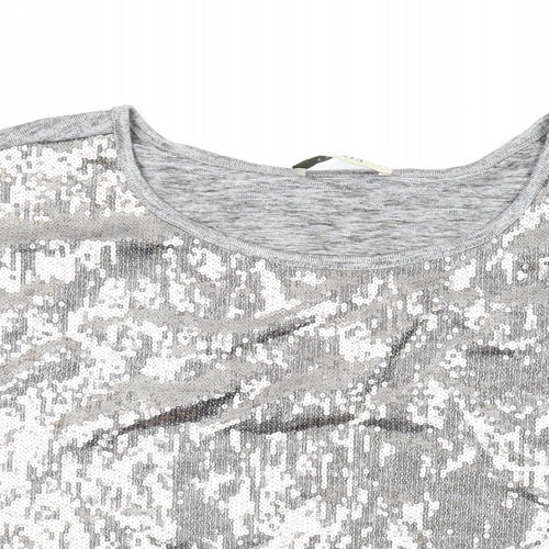 Oasis Womens Grey Polyester Basic T-Shirt Size L Round Neck - Sequins
