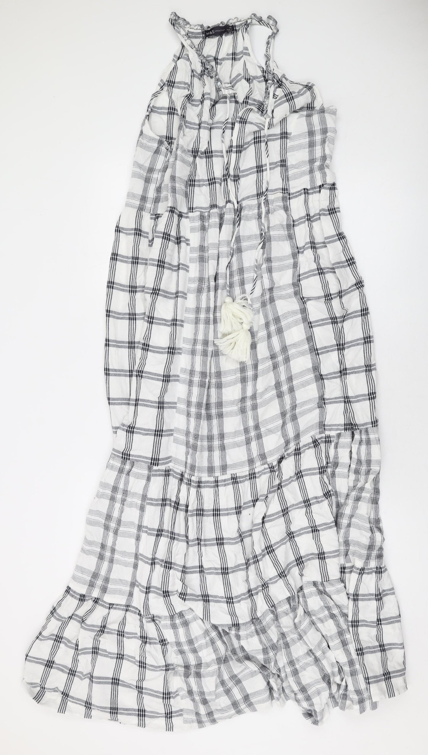 Marks and Spencer Womens White Plaid Viscose Maxi Size 12 Halter Pullover