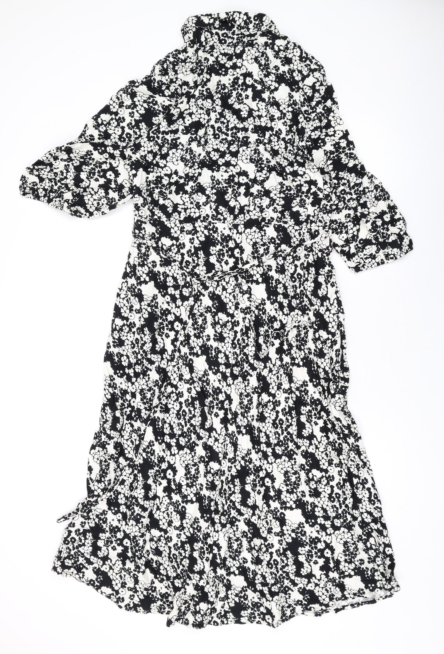 Marks and Spencer Womens Black Floral Viscose Maxi Size 14 Collared Button