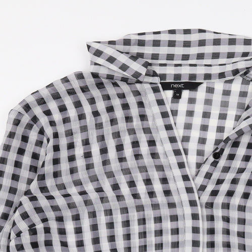 NEXT Womens Black Check Polyester Basic Button-Up Size 12 Collared
