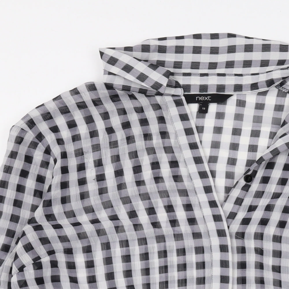 NEXT Womens Black Check Polyester Basic Button-Up Size 12 Collared