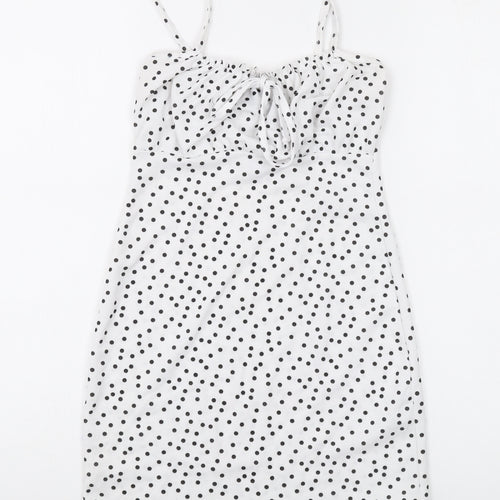 PRETTYLITTLETHING Womens White Polka Dot Polyester Mini Size 8 Square Neck Pullover