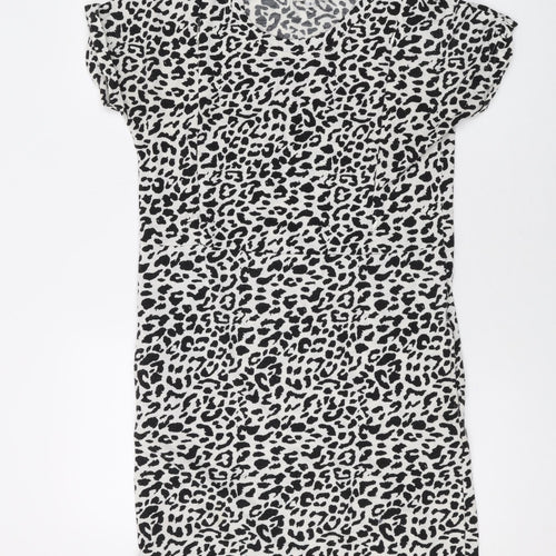 Juno Jacks Womens White Animal Print Cotton T-Shirt Dress Size 8 Round Neck Zip