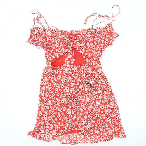 Topshop Womens Red Floral Polyester A-Line Size 6 V-Neck Zip