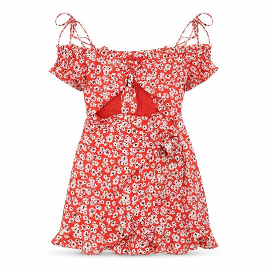 Front view of Topshop women’s red floral polyester a-line, size UK 6, v-neck zip