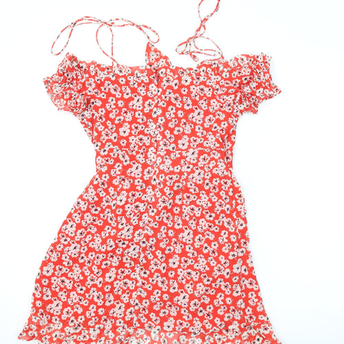 Topshop Womens Red Floral Polyester A-Line Size 6 V-Neck Zip