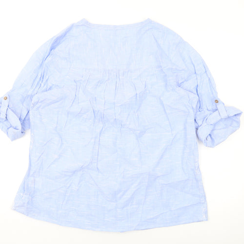 Cotton Traders Womens Blue Floral Cotton Basic Blouse Size 16 V-Neck