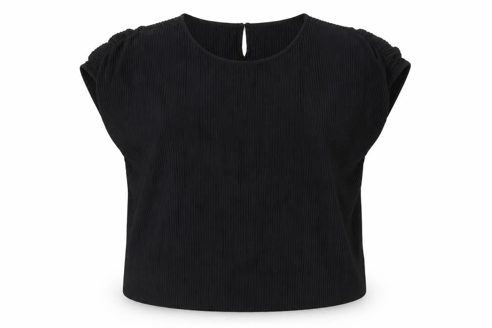 Front view of Marks & Spencer women’s black polyester basic t-shirt, size UK 12, round neck