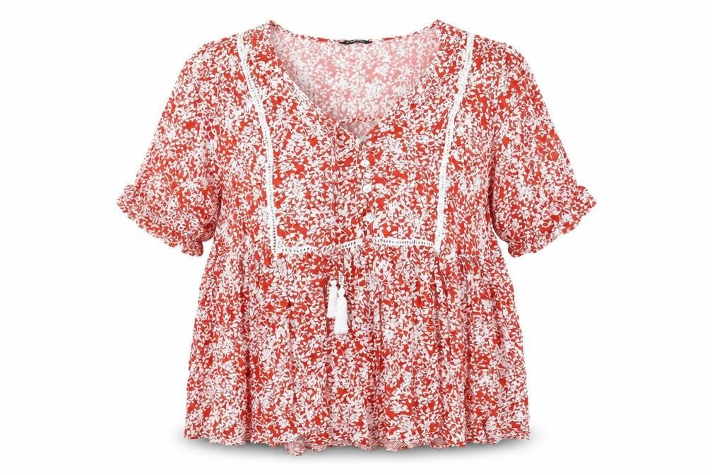 Front view of Roman women’s red floral viscose basic blouse, size UK 16, v-neck