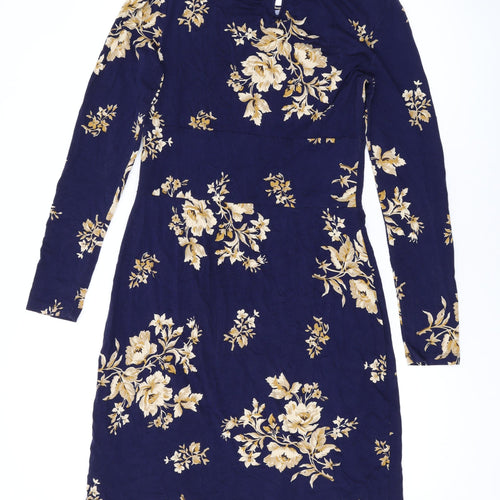 Joules Womens Blue Floral Viscose A-Line Size 12 Round Neck Button