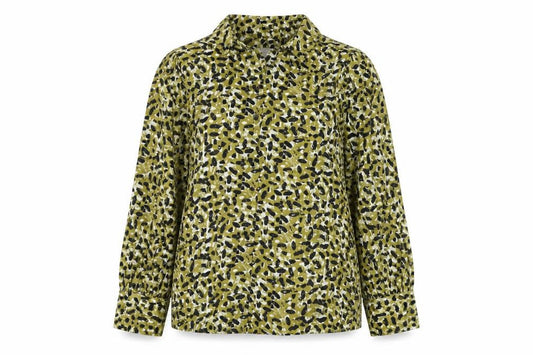 Front view of Topshop women’s green animal print polyester basic button-up, size UK 10, collared