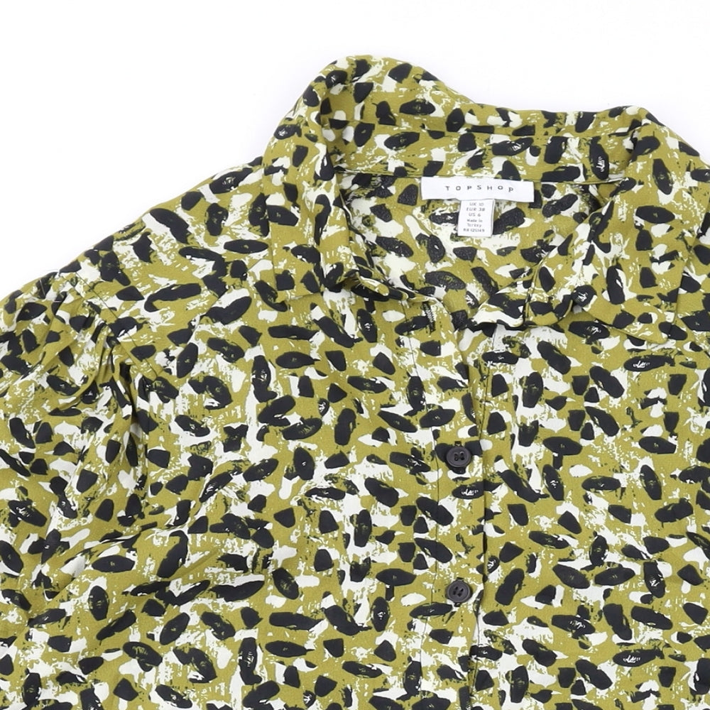 Topshop Womens Green Animal Print Polyester Basic Button-Up Size 10 Collared