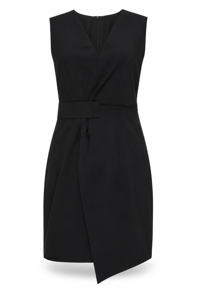 Front view of Hamburger Studio women’s black polyester wrap dress, size L, v-neck zip