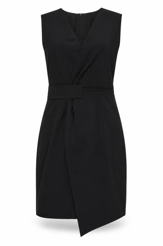 Front view of Hamburger Studio women’s black polyester wrap dress, size L, v-neck zip