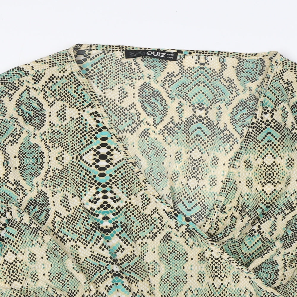 Quiz Womens Beige Animal Print Polyester Wrap Blouse Size 16 V-Neck - Flutt Cuffs