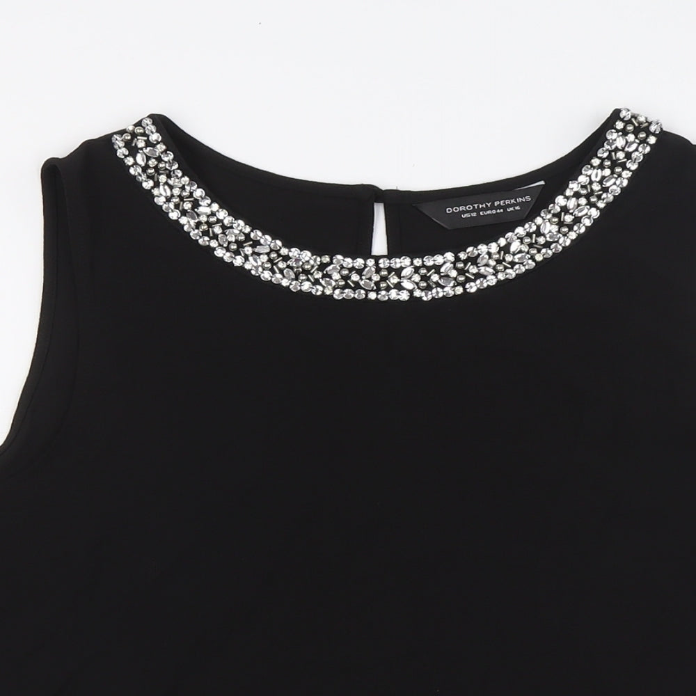 Dorothy Perkins Womens Black Polyester Basic Blouse Size 16 Boat Neck - Beaded Neck