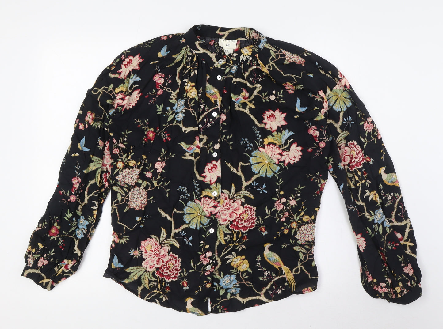 H&M Womens Multicoloured Lyocell Basic Blouse Size 8 Mock Neck - Bird Print, GP&J BAKER