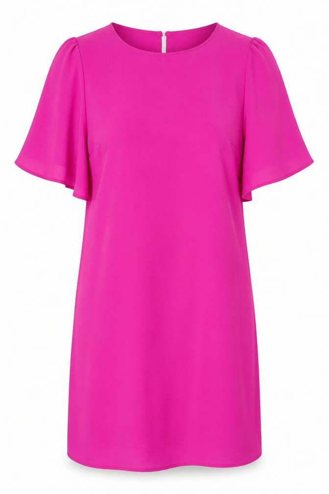 Front view of Miss Selfridge women’s pink polyester a-line, size UK 12, boat neck button