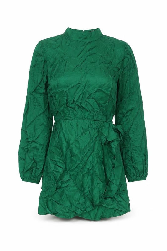 Front view of Zara women’s green houndstooth viscose wrap dress, size M, mock neck button