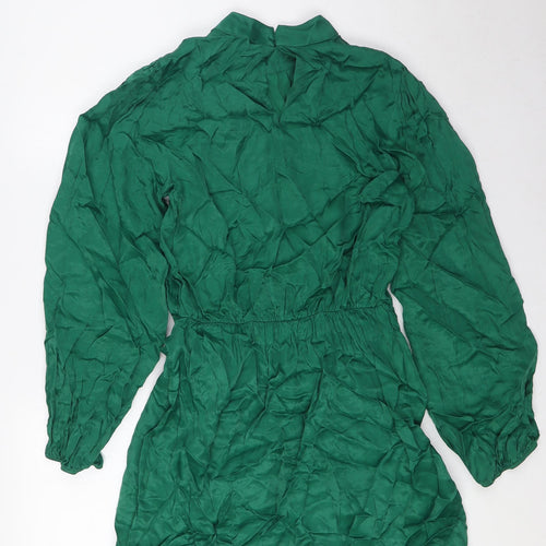 Zara Womens Green Houndstooth Viscose Wrap Dress Size M Mock Neck Button