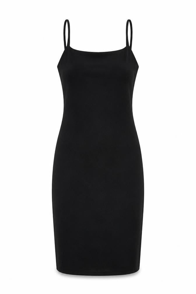 Front view of PRETTYLITTLETHING women’s black polyester pencil dress, size UK 4, square neck