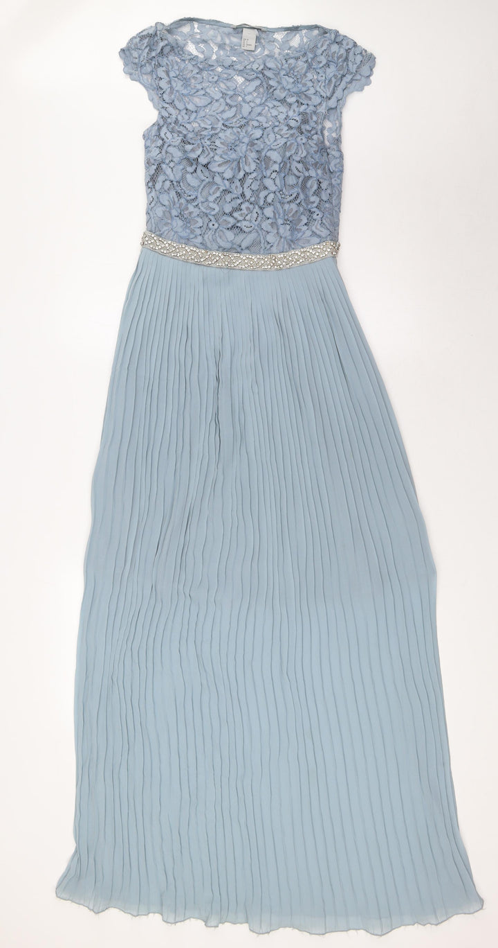 H&M Womens Blue Polyester A-Line Size 6 Boat Neck Zip - Pleated