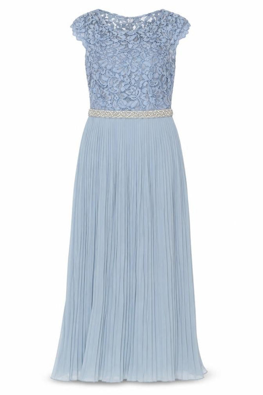 Front view of H&M women’s blue polyester a-line, size UK 6, boat neck zip - pleated