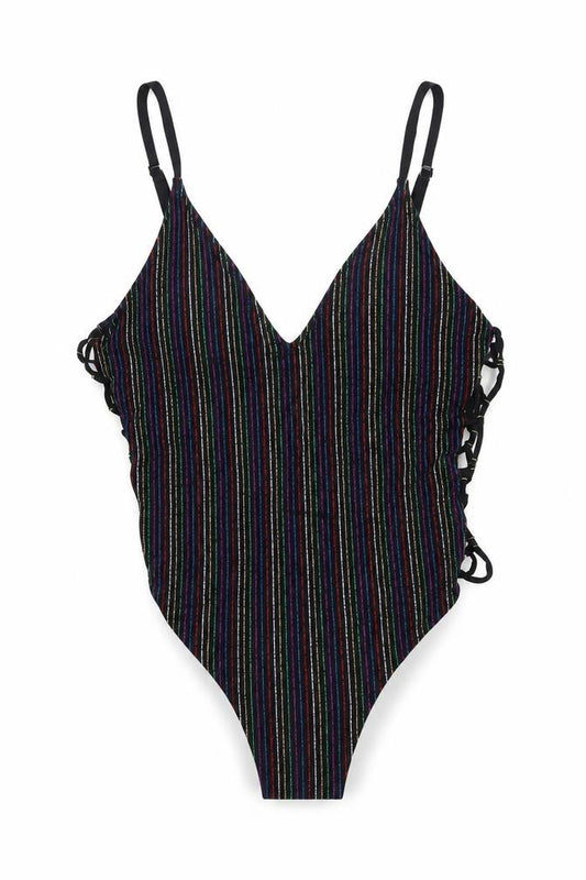 Front view of VALERIA women’s multicoloured striped nylon one piece, size L