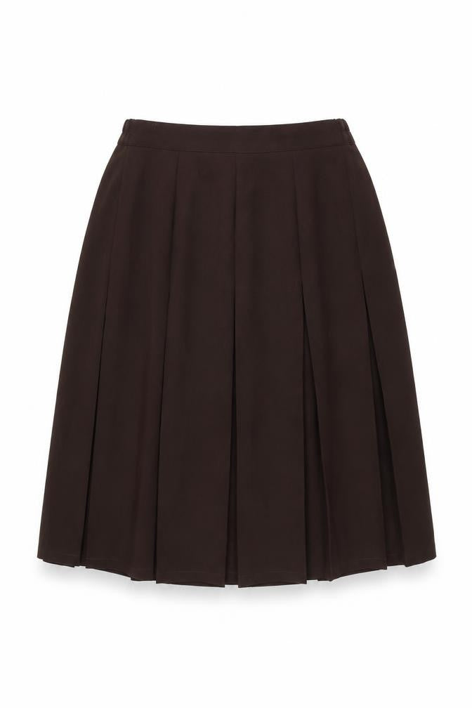 Front view of Damart women’s brown polyester swing skirt, size UK 18, zip