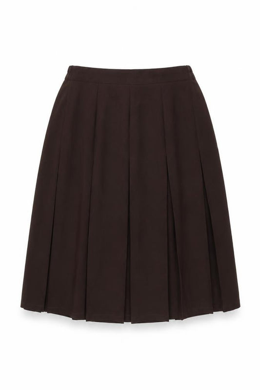 Front view of Damart women’s brown polyester swing skirt, size UK 18, zip