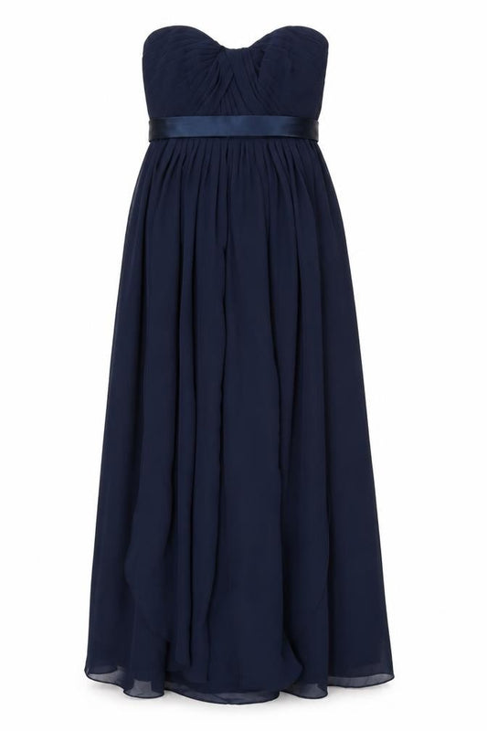 Front view of Sorella Vita women’s blue polyester maxi, size UK 10, off the shoulder zip
