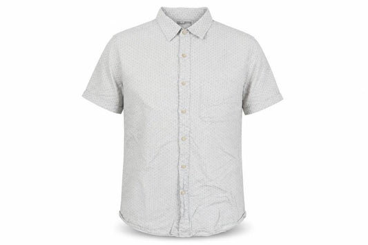Front view of Uniqlo men’s grey geometric cotton button-up, size S, collared button