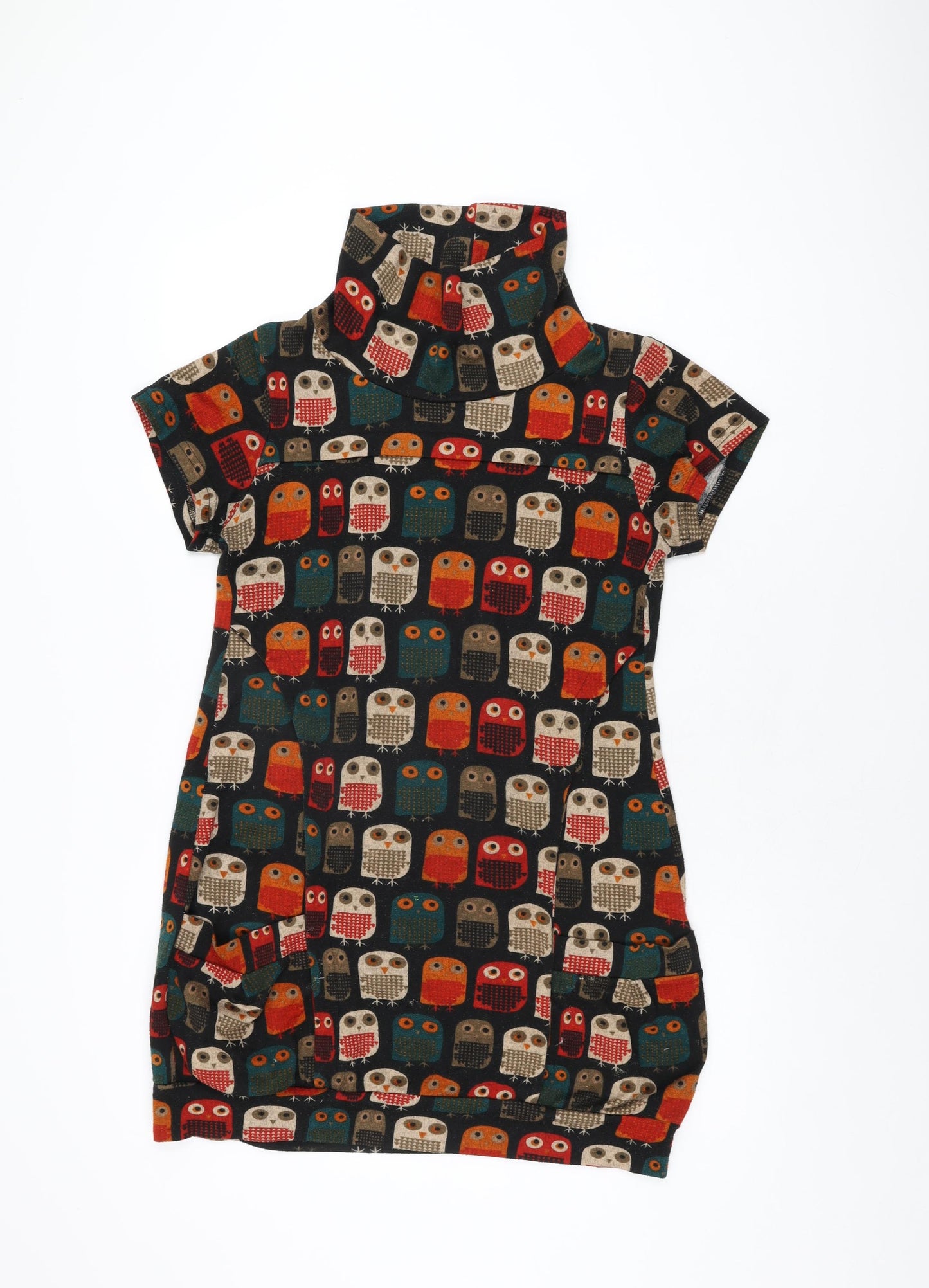 Indulgence Womens Black Geometric Wool Shift Size XL High Neck Pullover - Owl Print