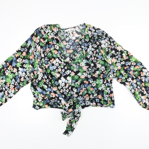 H&M Womens Black Floral Viscose Basic Button-Up Size XL V-Neck