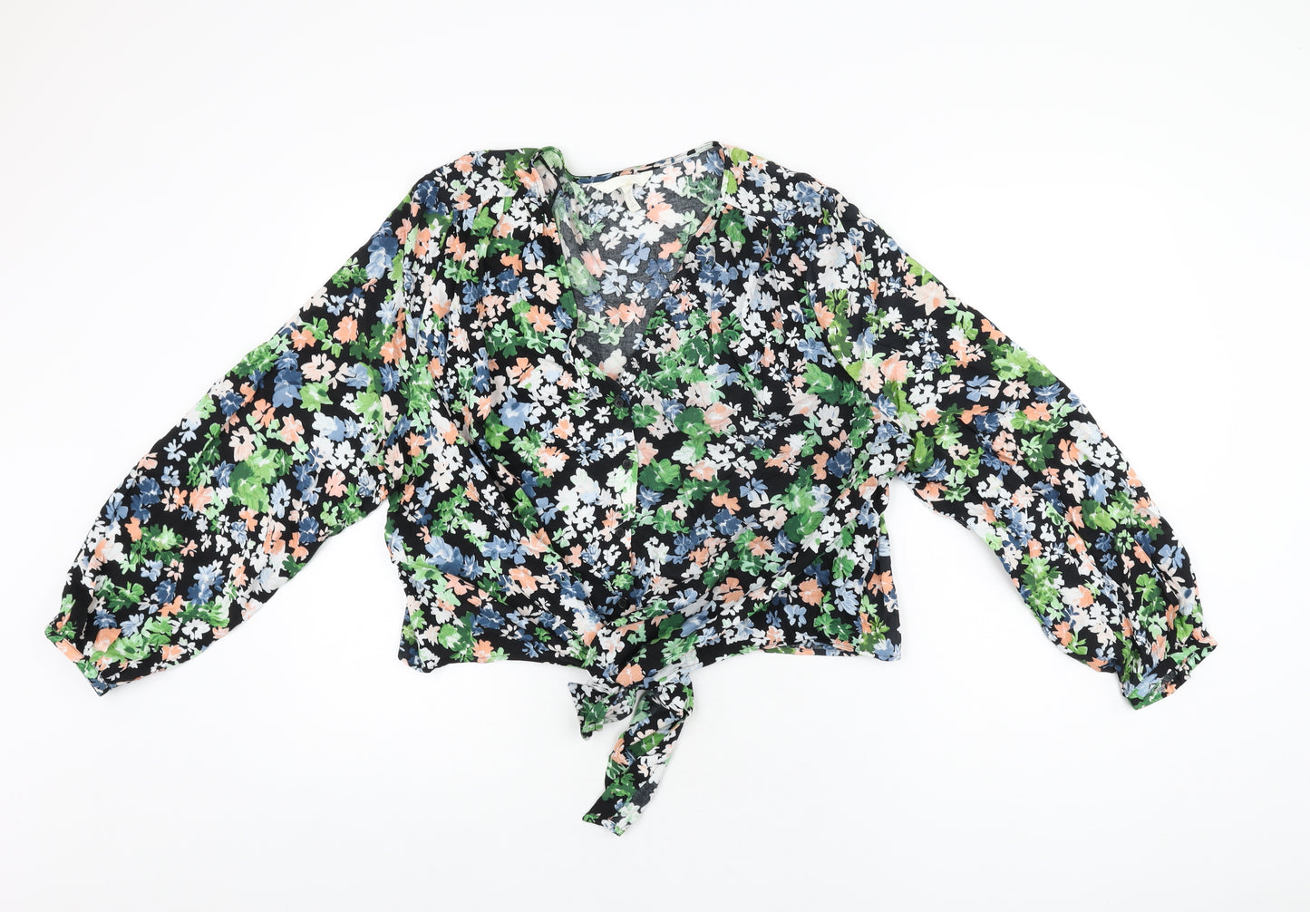 H&M Womens Black Floral Viscose Basic Button-Up Size XL V-Neck