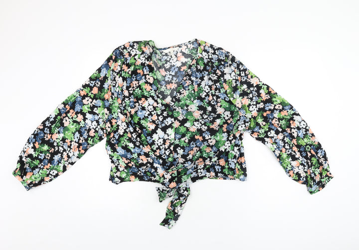 H&M Womens Black Floral Viscose Basic Button-Up Size XL V-Neck