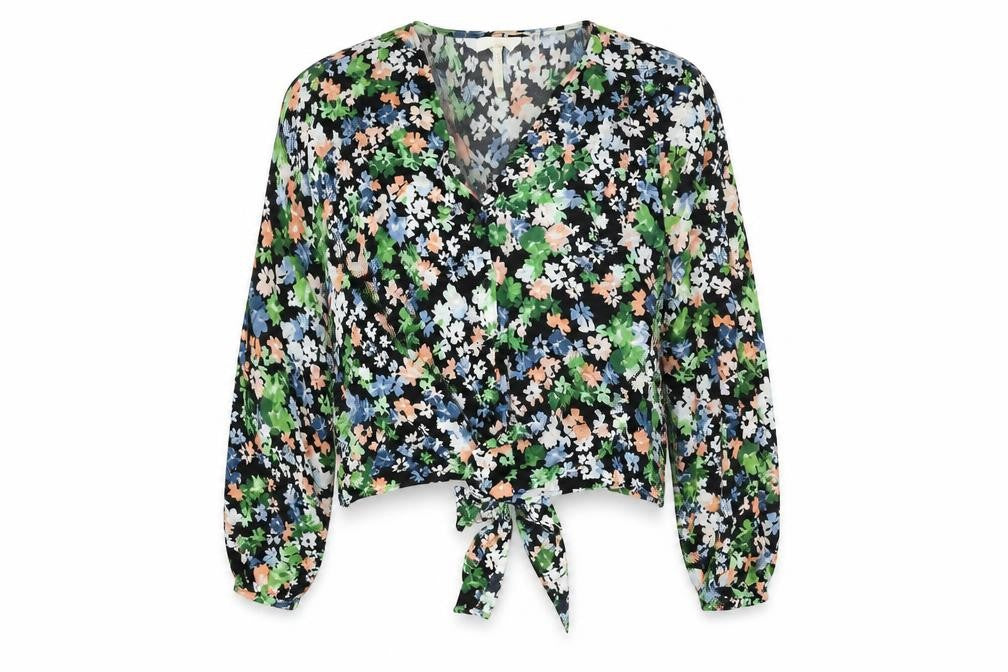 Front view of H&M women’s black floral viscose basic button-up, size XL, v-neck