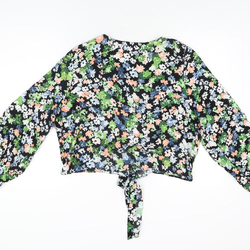 H&M Womens Black Floral Viscose Basic Button-Up Size XL V-Neck