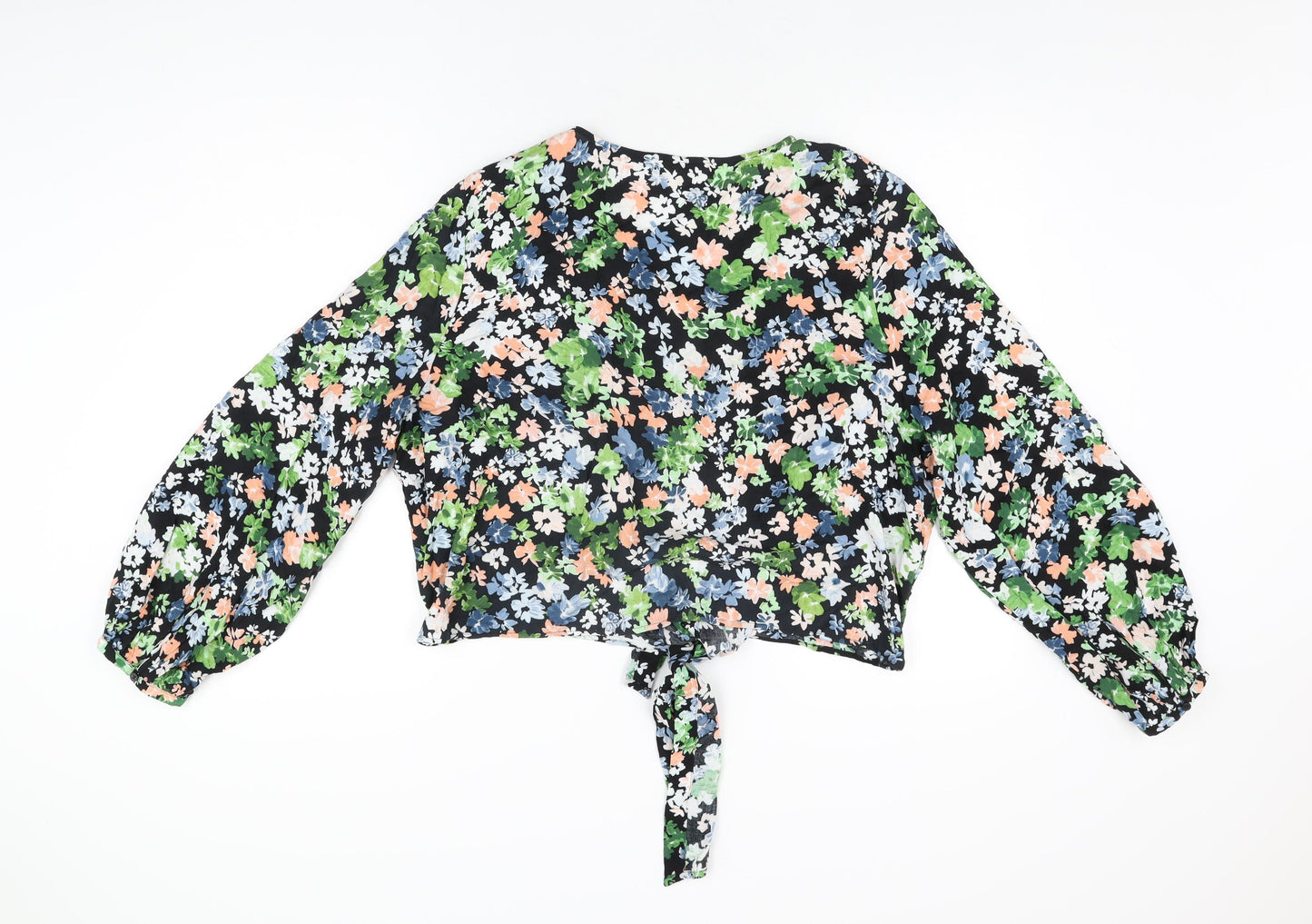 H&M Womens Black Floral Viscose Basic Button-Up Size XL V-Neck