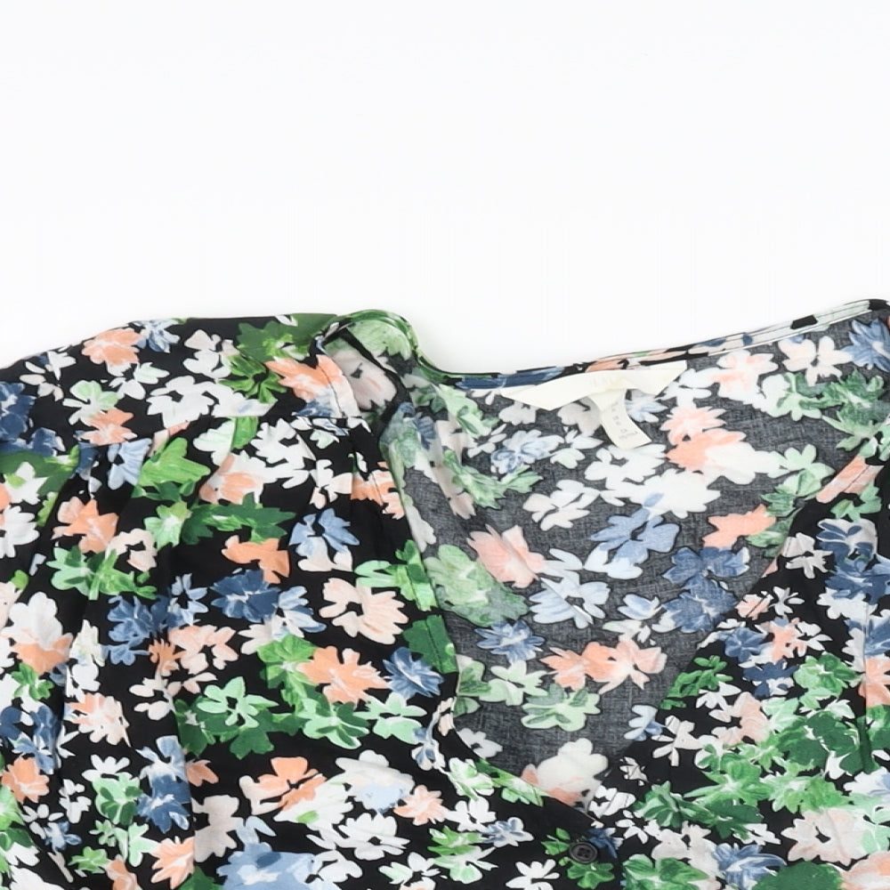 H&M Womens Black Floral Viscose Basic Button-Up Size XL V-Neck