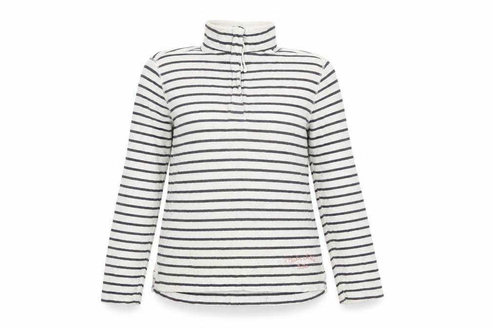 Front view of Quba & Co women’s white striped cotton pullover sweatshirt, size UK 6, zip