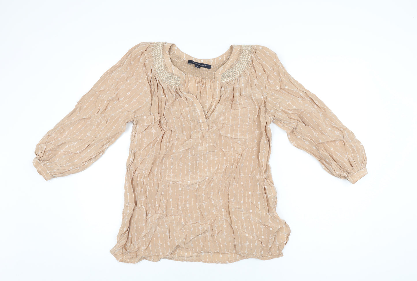 French Connection Womens Beige Floral Viscose Basic T-Shirt Size M V-Neck