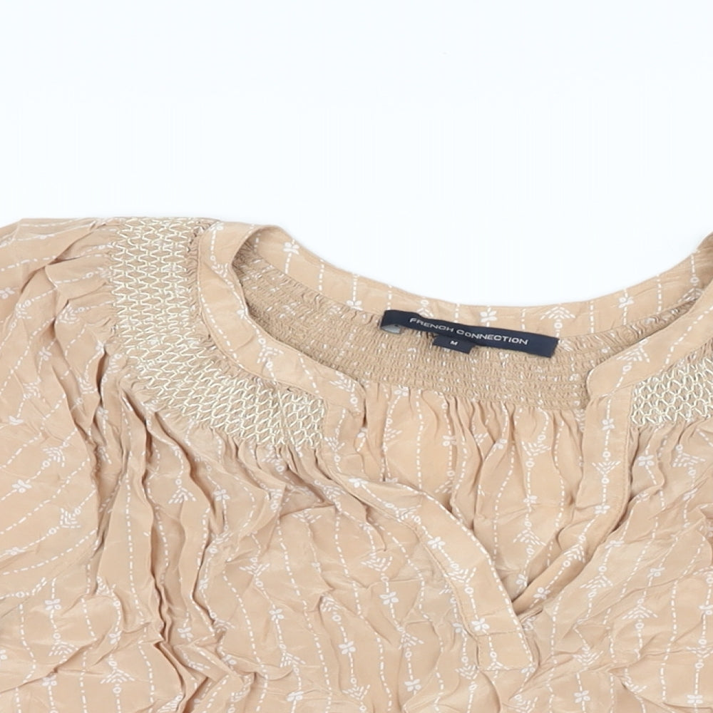 French Connection Womens Beige Floral Viscose Basic T-Shirt Size M V-Neck