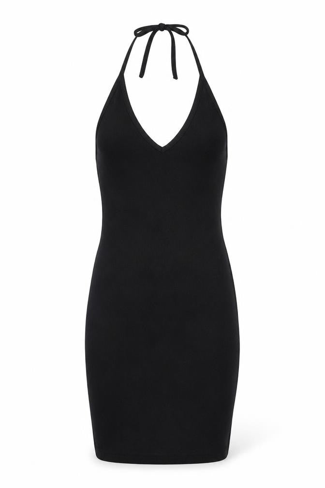 Front view of Missguided women’s black polyester bodycon, size UK 8, halter tie