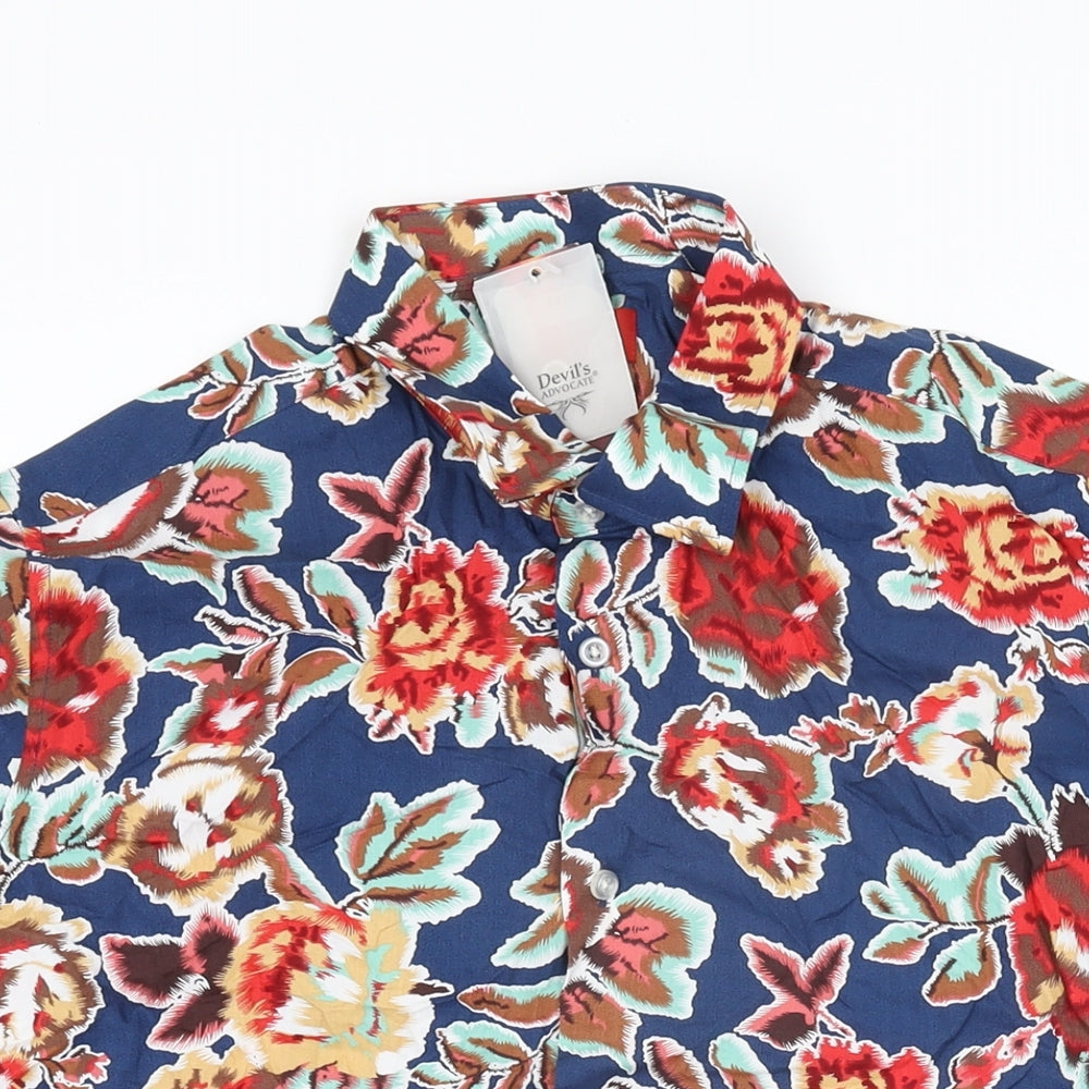 Devil's Advocate Mens Blue Floral Cotton Button-Up Size L Collared Button