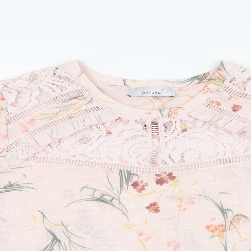 Per Una Womens Pink Floral Cotton Basic T-Shirt Size 14 Round Neck
