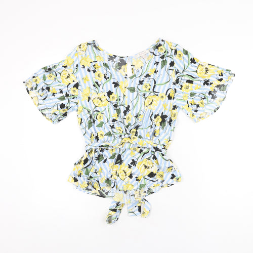Spirit Womens Blue Floral Viscose Basic Blouse Size M Round Neck